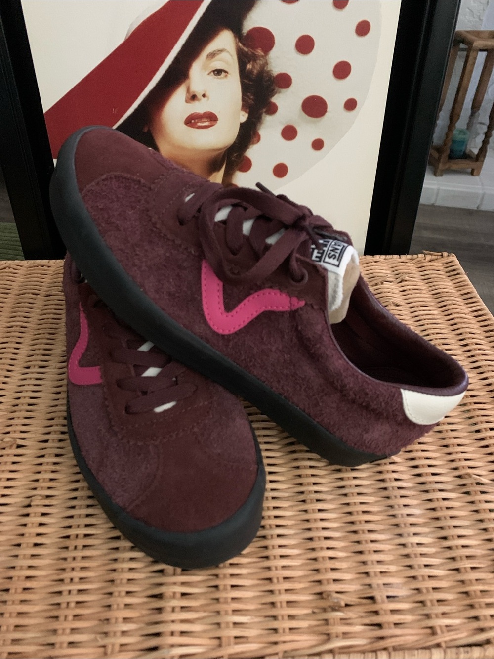 Vans Women's Burgundy Suede Sneakers with Pink Accent